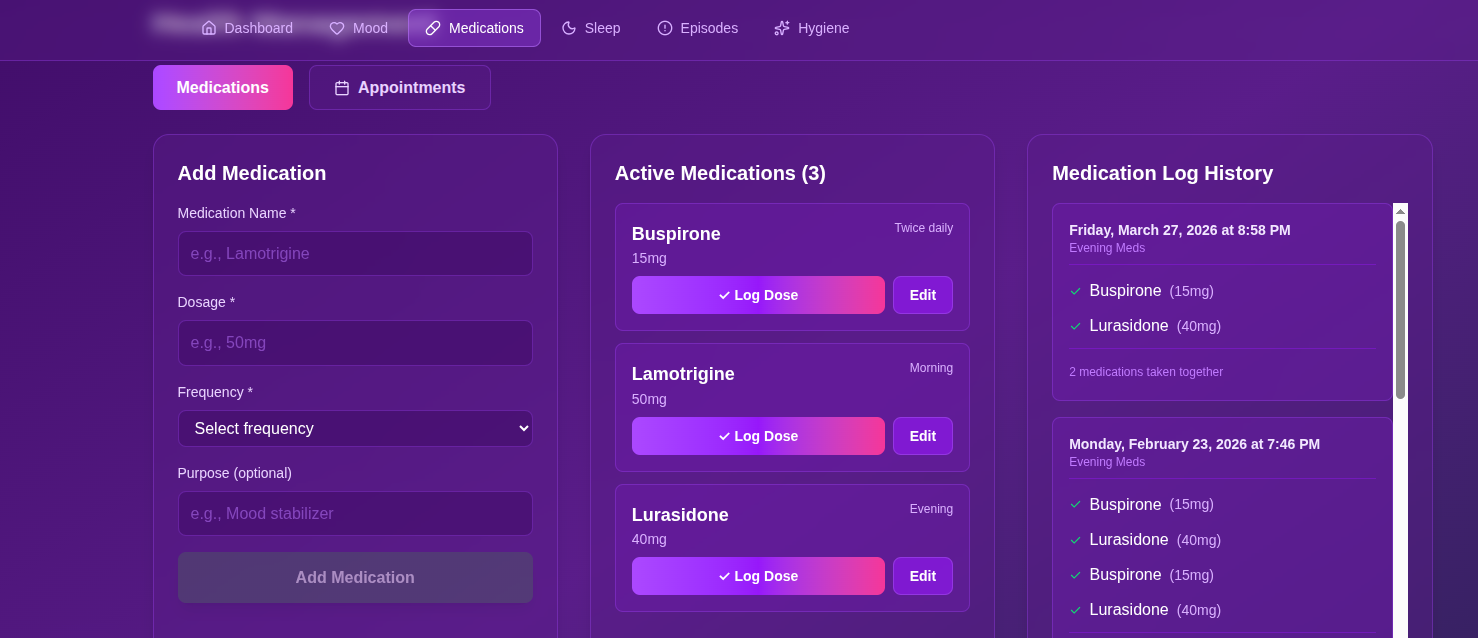 SanctumTools medications tracker - active meds, log dose, history