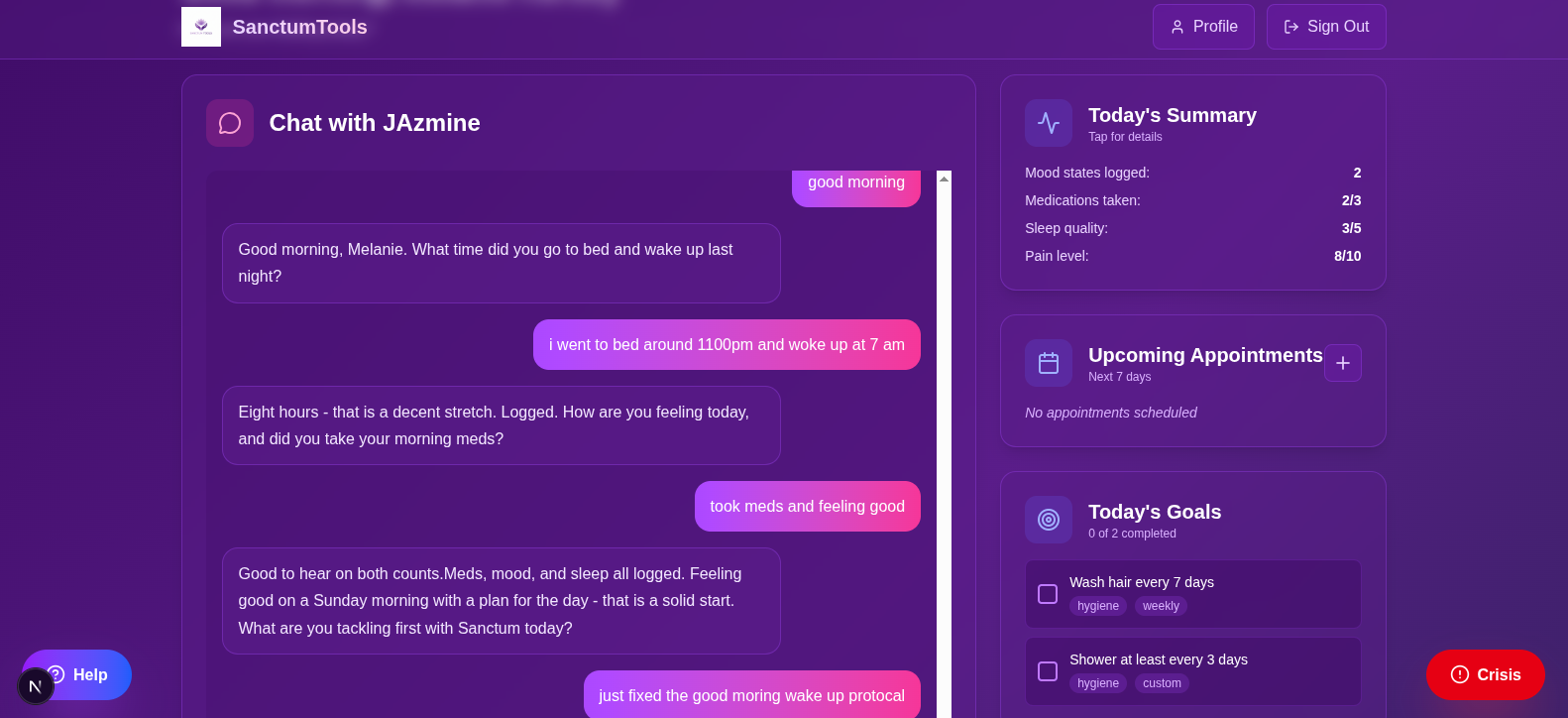 SanctumTools morning check-in - asks for bed time, wake time, pain, and mood