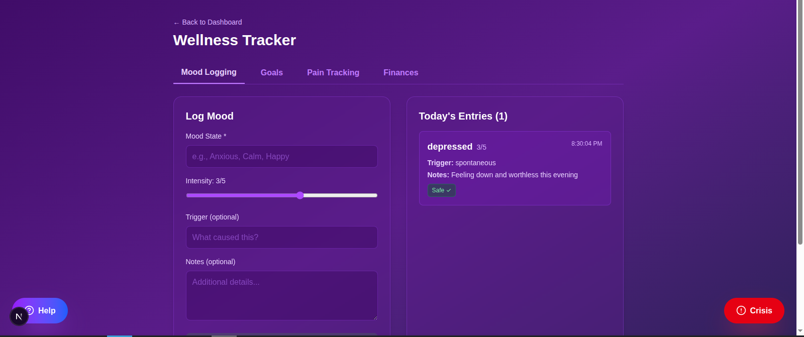 SanctumTools mood logging interface
