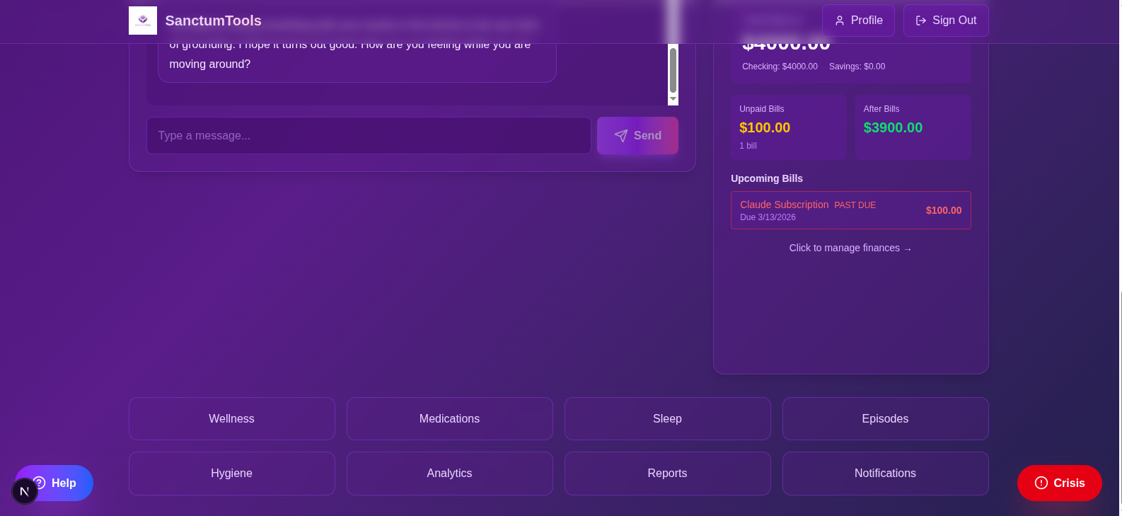 SanctumTools dashboard - finances widget and full tool navigation