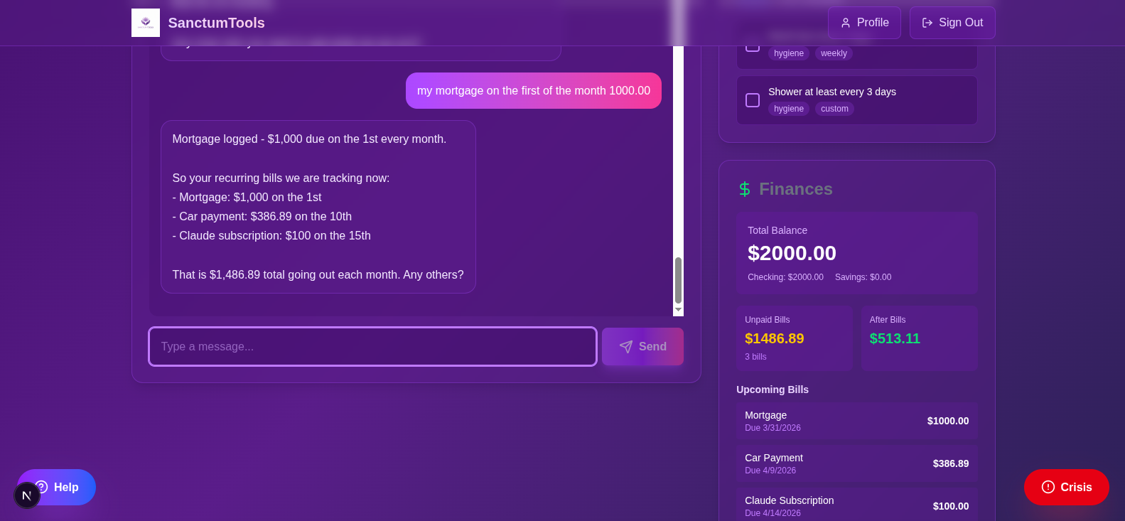 SanctumTools finances - logging bills through conversation